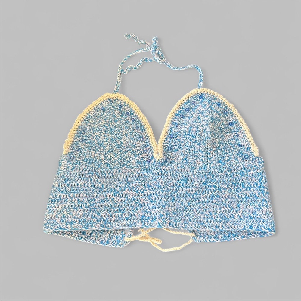 Blue and Cream Crochet Halter Top